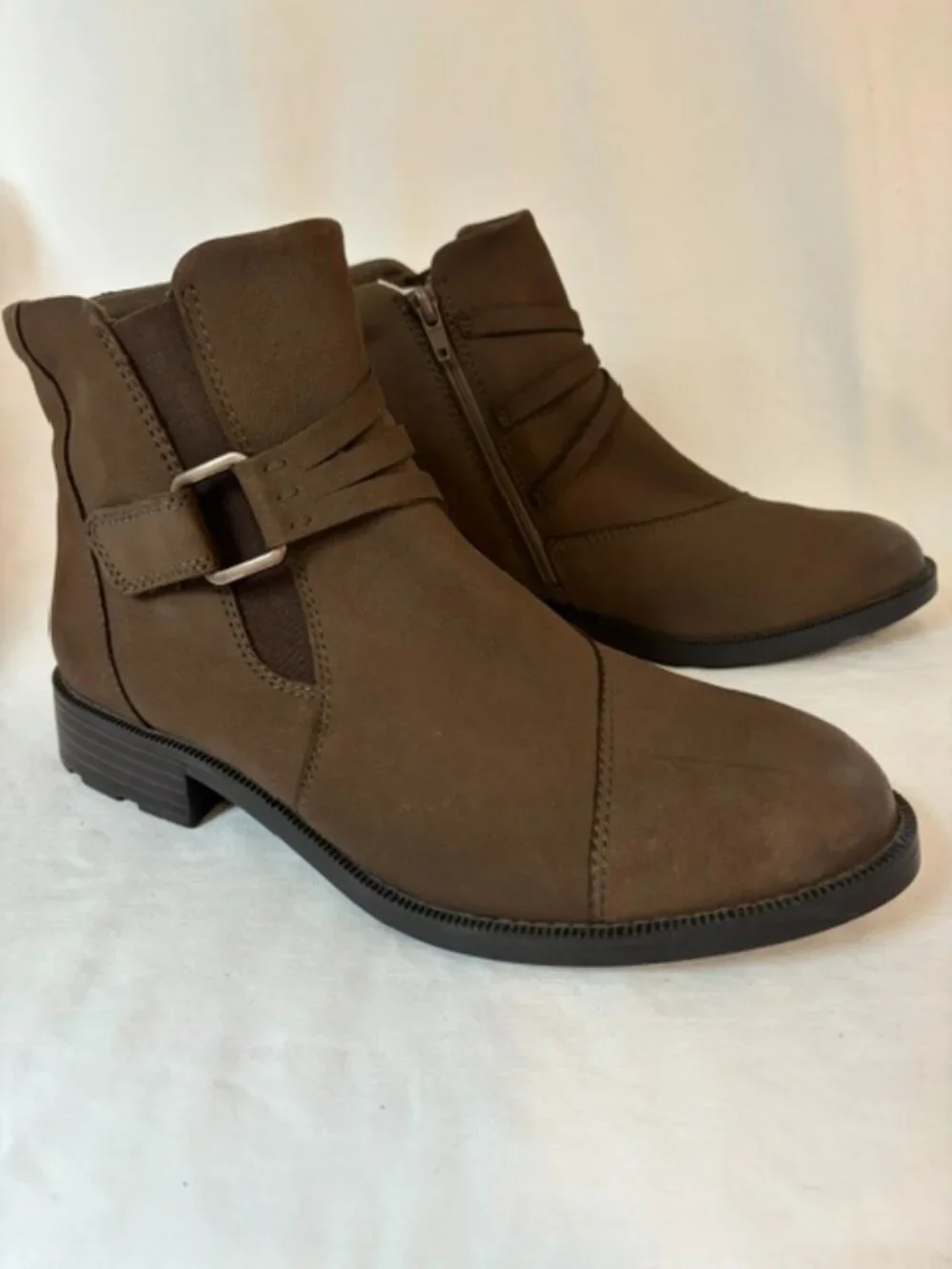 Clarks Women's Adalynn Faye Ankle Boots w/Buckle & Strap in Mushroom Size 10W
